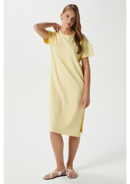 Kadın Alissa Yırtmaçlı Sarı Penye Elbise 15171 indirimleri