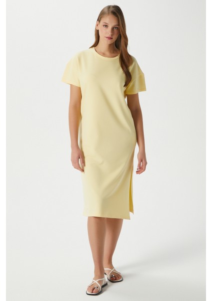 Kadın Alissa Yırtmaçlı Sarı Penye Elbise 15171