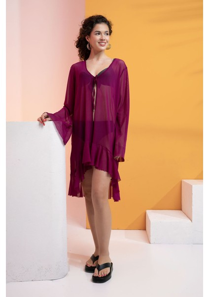 Likralı Tülden Volanlı Kimono Kaftan fiyatları