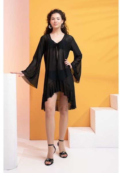 Likralı Tülden Volanlı Kimono Kaftan