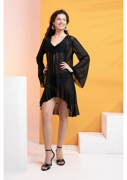 Likralı Tülden Volanlı Kimono Kaftan fiyatları