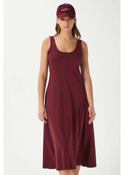 Kadın Nancy Kolsuz Bordo Midi Penye Elbise 5376