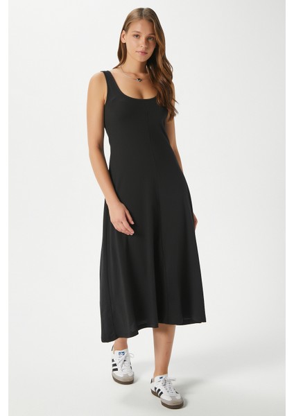 Kadın Nancy Kolsuz Siyah Midi Penye Elbise 5376 modelleri