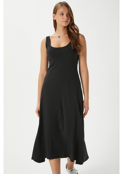 Kadın Nancy Kolsuz Siyah Midi Penye Elbise 5376