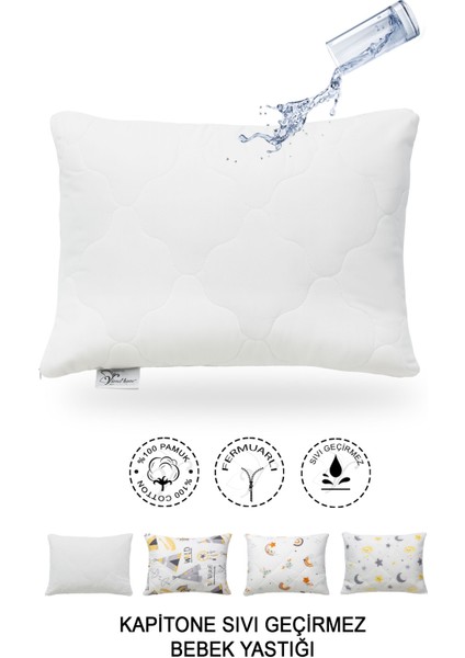 Kapitone Sıvı Geçirmez Bebek Yastığı | %100 Pamuk | Fermuarlı Tasarım |35X45 cm
