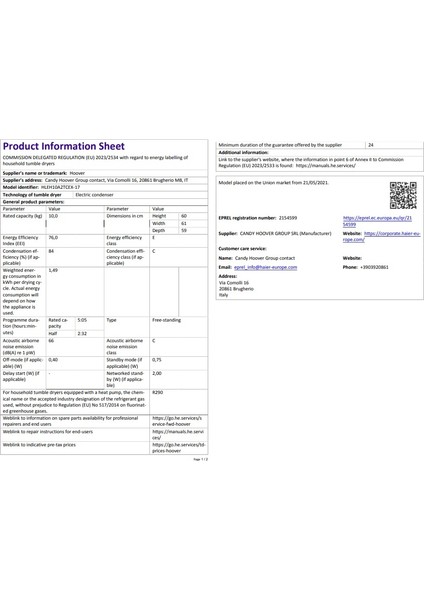 HLEH10A2TCEX-17 10 kg Wi-Fi Bağlantılı Isı Pompalı Kurutma Makinesi