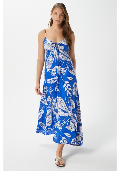 Kadın Greta Mavi Ekru Askılı Viskon Uzun Elbise