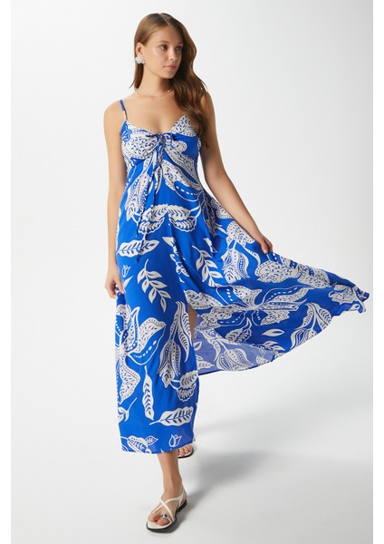 Kadın Greta Mavi Ekru Askılı Viskon Uzun Elbise fiyatları