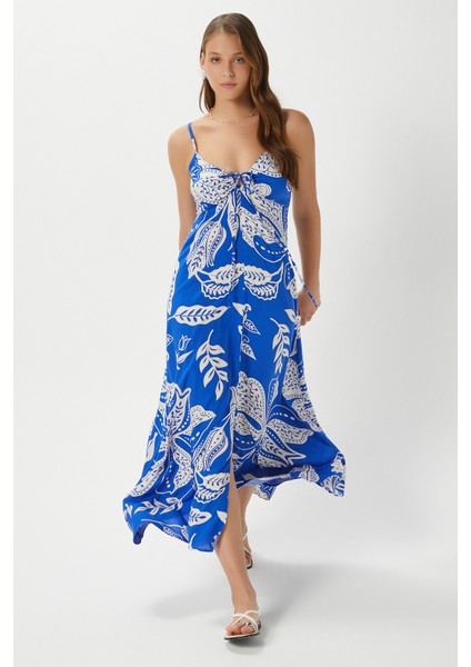 Kadın Greta Mavi Ekru Askılı Viskon Uzun Elbise fırsatları