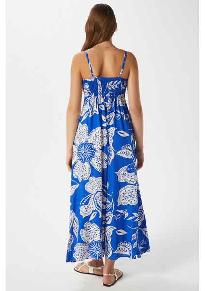 Kadın Greta Mavi Ekru Askılı Viskon Uzun Elbise