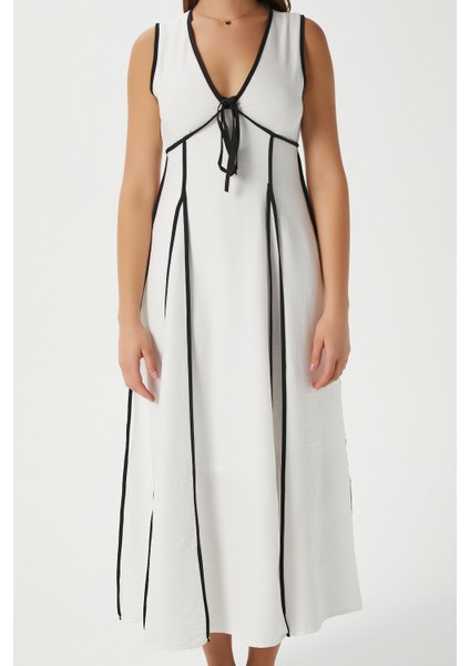 Kadın Dora Astarlı Beyaz Siyah Şeritli Kolsuz Elbise modelleri