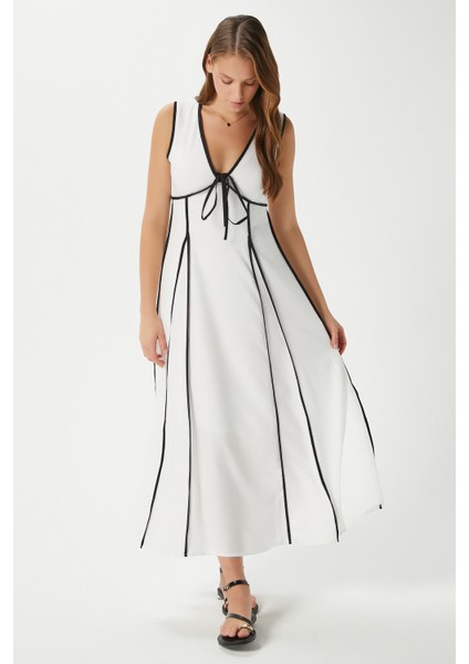 Kadın Dora Astarlı Beyaz Siyah Şeritli Kolsuz Elbise fırsatları