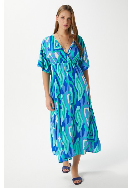 Kadın Katy Yeşil Mavi Bel Lastikli Yırtmaçlı Viskon Yazlık Elbise