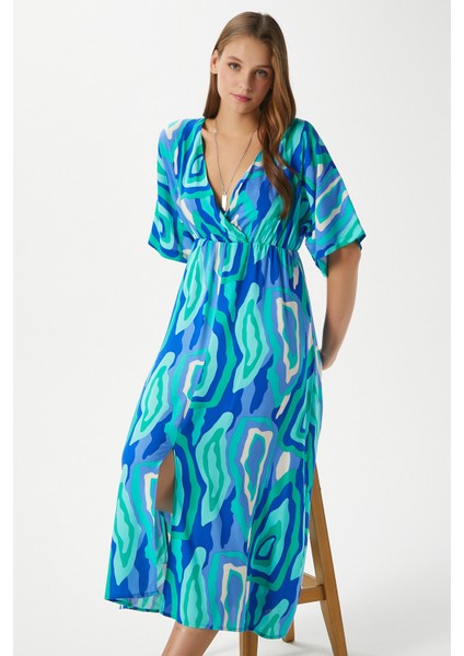 Kadın Katy Yeşil Mavi Bel Lastikli Yırtmaçlı Viskon Yazlık Elbise fiyatları