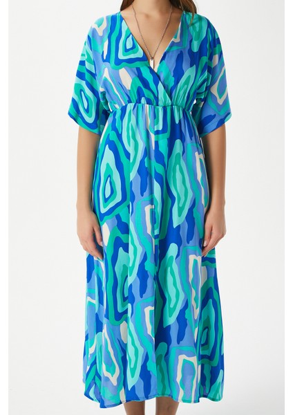 Kadın Katy Yeşil Mavi Bel Lastikli Yırtmaçlı Viskon Yazlık Elbise modelleri