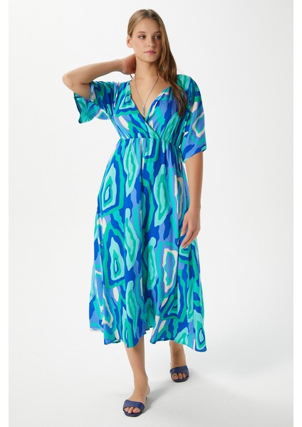 Kadın Katy Yeşil Mavi Bel Lastikli Yırtmaçlı Viskon Yazlık Elbise fırsatları