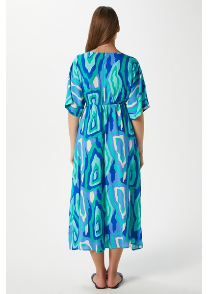 Kadın Katy Yeşil Mavi Bel Lastikli Yırtmaçlı Viskon Yazlık Elbise indirimleri