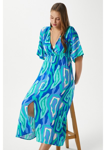 Kadın Katy Yeşil Mavi Bel Lastikli Yırtmaçlı Viskon Yazlık Elbise