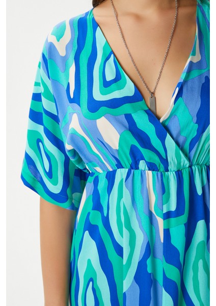 Kadın Katy Yeşil Mavi Bel Lastikli Yırtmaçlı Viskon Yazlık Elbise