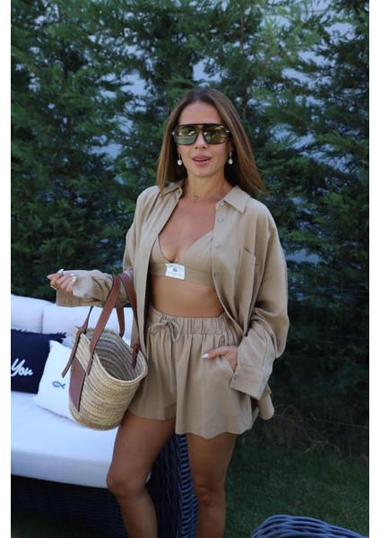 Camel Cep Detay Oversize Gömlek