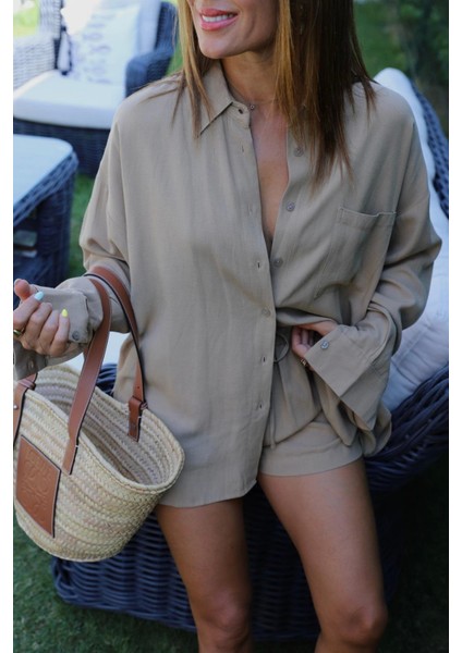 Camel Cep Detay Oversize Gömlek modelleri