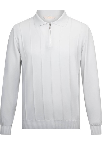 Gri Regular Fit Fermuarlı Polo Yaka Rayon Triko Kazak