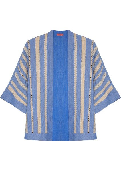Işlemeli Kimono Mavi
