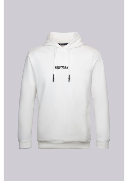Beyaz Regular Pamuklu Kapüşonlu Kanguru Cepli Sweatshirt