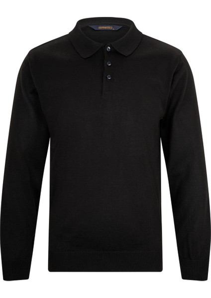 Siyah Regular Fit Polo Yaka Yünlü Kazak