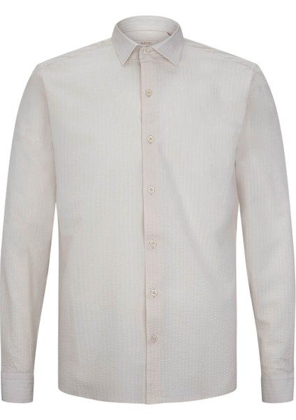 Ekru Comfort Fit 100% Pamuk Slim Yaka Uzun Kollu Spor Gömlek