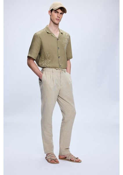 Gri Regular Fit Yandan Cep Keten Pantolon