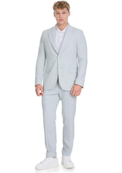 Mavi Slim Fit Sivri Yaka Keten Takım Elbise