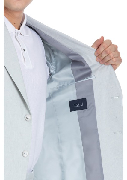 Mavi Slim Fit Sivri Yaka Keten Takım Elbise fırsatları