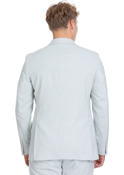 Mavi Slim Fit Sivri Yaka Keten Takım Elbise
