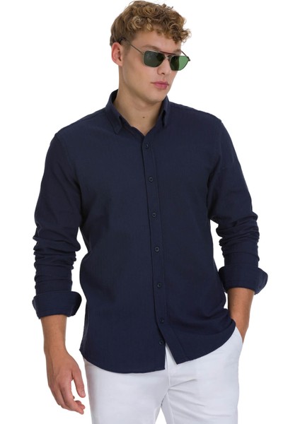 Lacivert Comfort Fit 100% Pamuk Gizli Düğmeli Yaka Uzun Kollu Pamuklu Gömlek modelleri