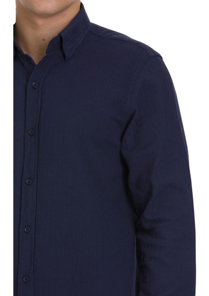 Lacivert Comfort Fit 100% Pamuk Gizli Düğmeli Yaka Uzun Kollu Pamuklu Gömlek fırsatları