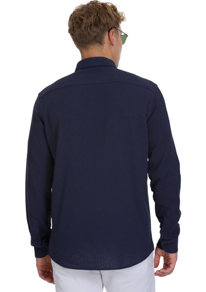 Lacivert Comfort Fit 100% Pamuk Gizli Düğmeli Yaka Uzun Kollu Pamuklu Gömlek indirimleri