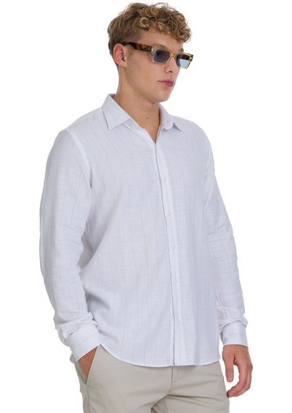 Kahverengi Comfort Fit 100% Pamuk Çizgili Slim Yaka Uzun Kollu Spor Gömlek