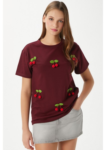 Kadın Chery Bordo Kiraz Dikişli T-Shirt