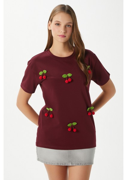 Kadın Chery Bordo Kiraz Dikişli T-Shirt fiyatları
