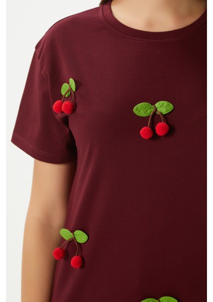 Kadın Chery Bordo Kiraz Dikişli T-Shirt modelleri