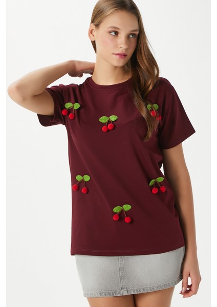 Kadın Chery Bordo Kiraz Dikişli T-Shirt indirimleri