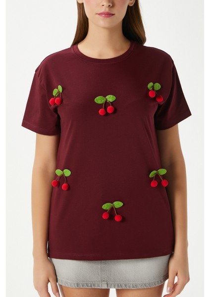Kadın Chery Bordo Kiraz Dikişli T-Shirt