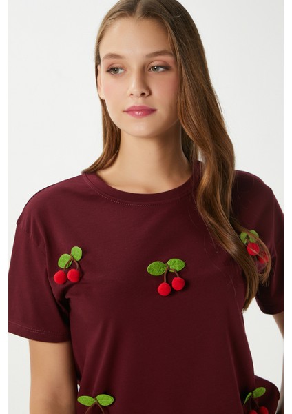 Kadın Chery Bordo Kiraz Dikişli T-Shirt
