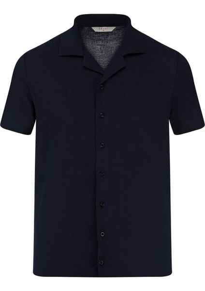 Lacivert Regular Fit Apaş Yaka Keten Gömlek