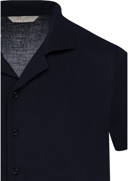 Lacivert Regular Fit Apaş Yaka Keten Gömlek fiyatları