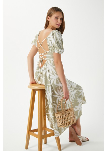 Kadın Lisa Çağla Yeşili Krem Sırt Detaylı Midi Elbise