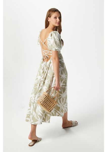 Kadın Lisa Çağla Yeşili Krem Sırt Detaylı Midi Elbise modelleri