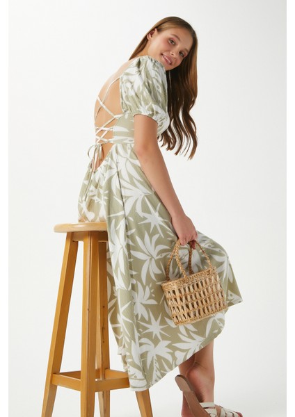 Kadın Lisa Çağla Yeşili Krem Sırt Detaylı Midi Elbise