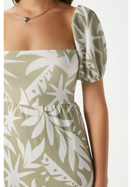 Kadın Lisa Çağla Yeşili Krem Sırt Detaylı Midi Elbise